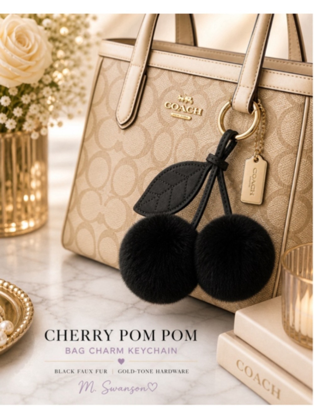 Black Cherry Faux Fur Pom Pom Bag Charm Keychain NWT